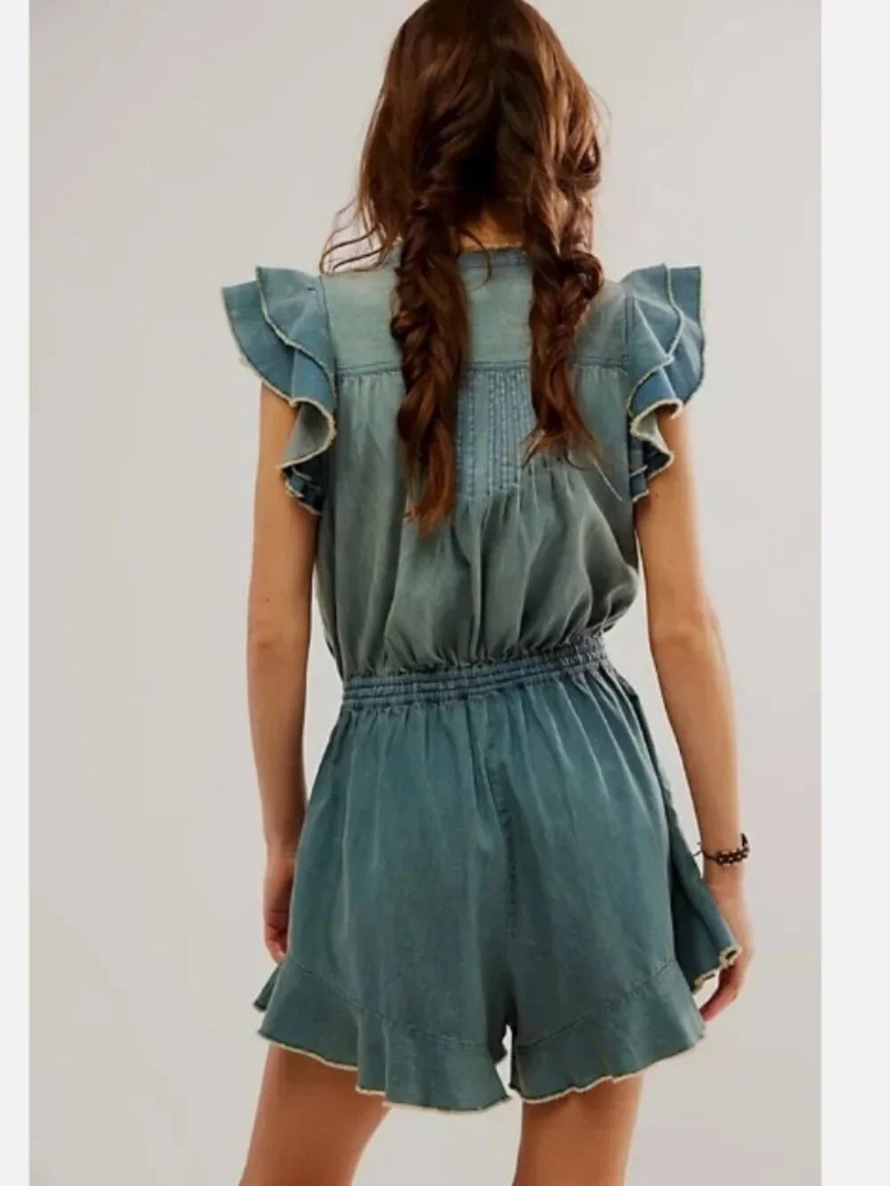 Free People Light Blue Washed Denim Ruffle Romper - Picture 2 of 16
